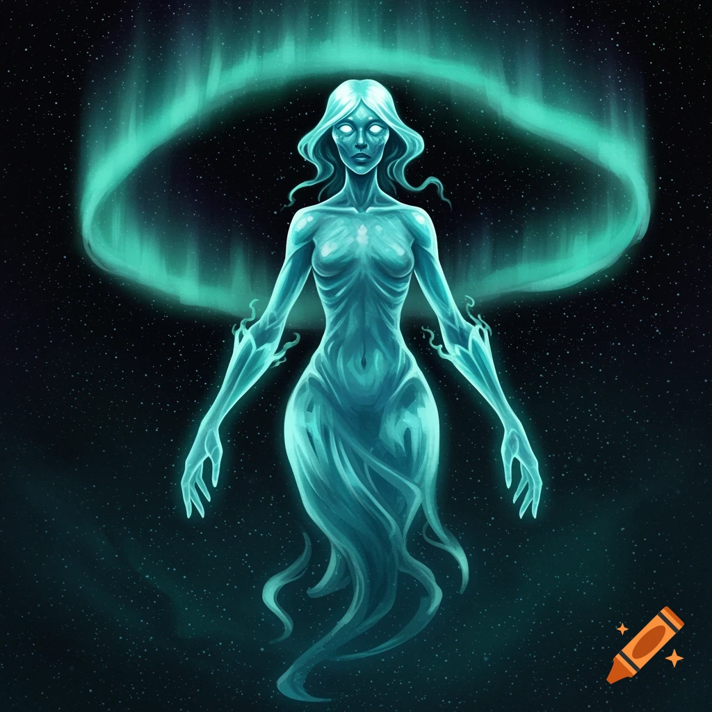 A spectral, translucent figure made of glowing blue-green energy stands in space with an aurora ring behind its head.