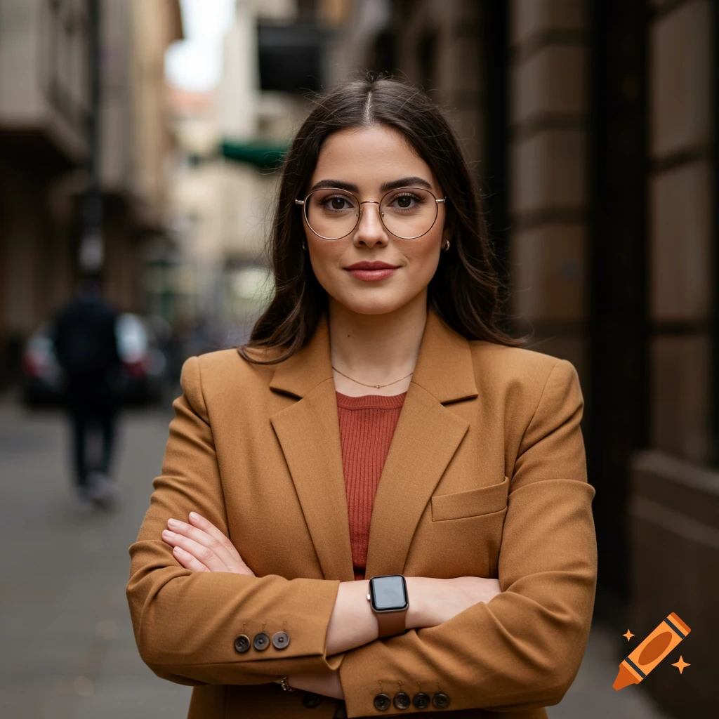 A woman in glasses and a brown blazer stands with crossed arms in a street.