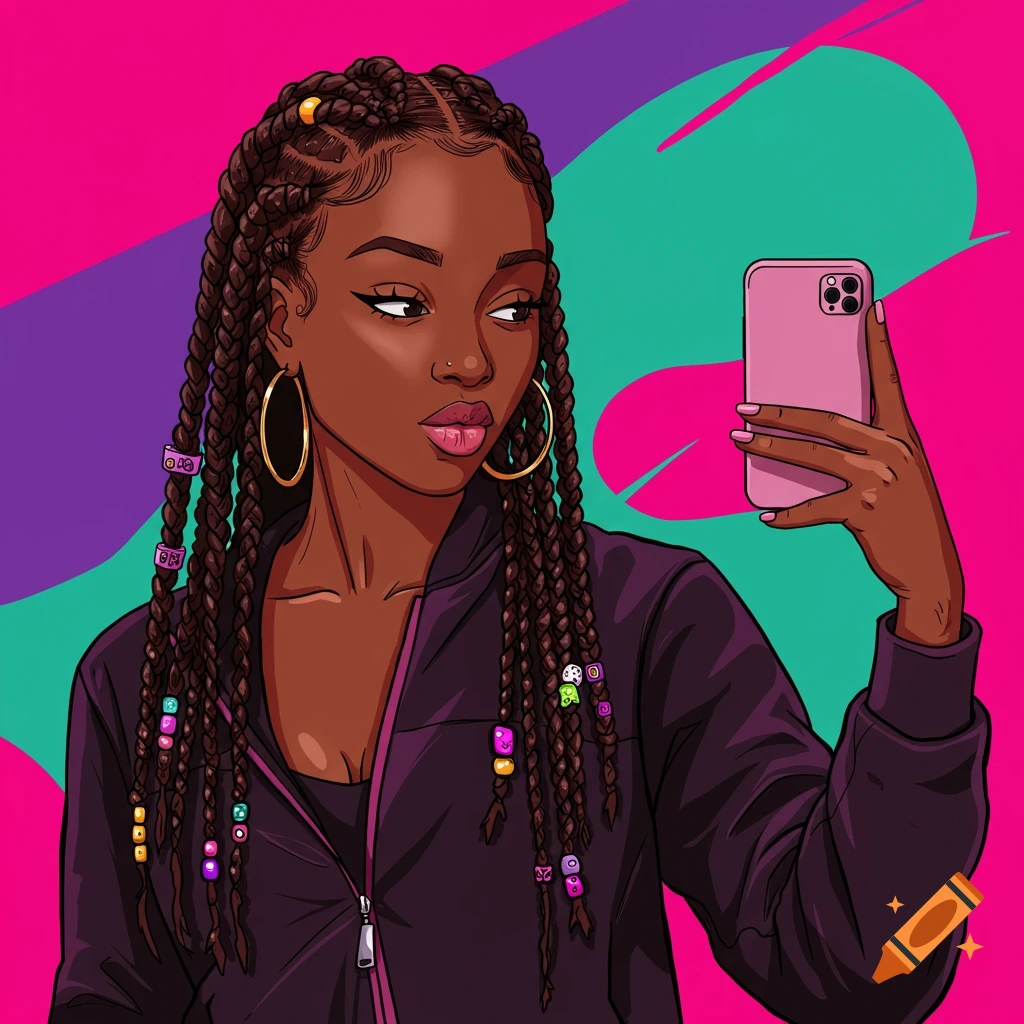 Illustration of a young woman with braids taking a selfie with a pink phone.