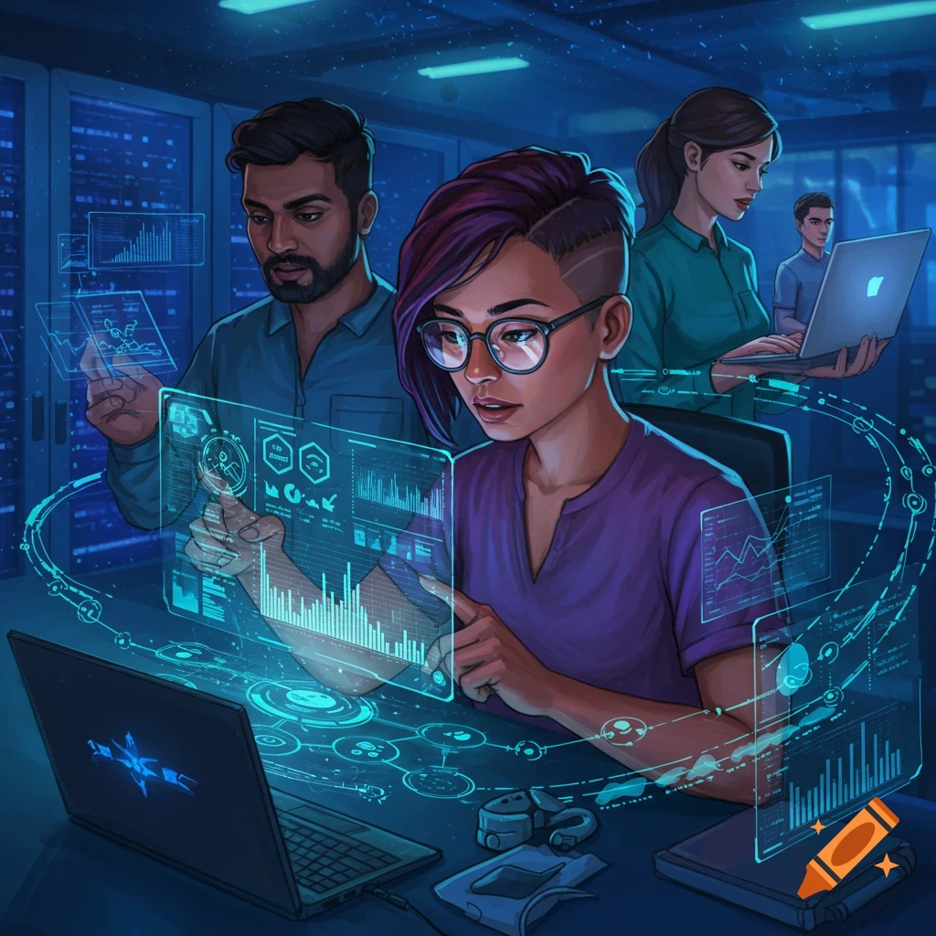 Diverse people analyzing data on futuristic screens in a server room.