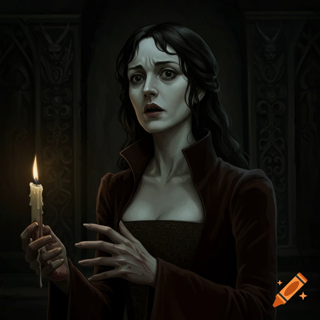 A distressed woman holding a candle in a dark gothic room.