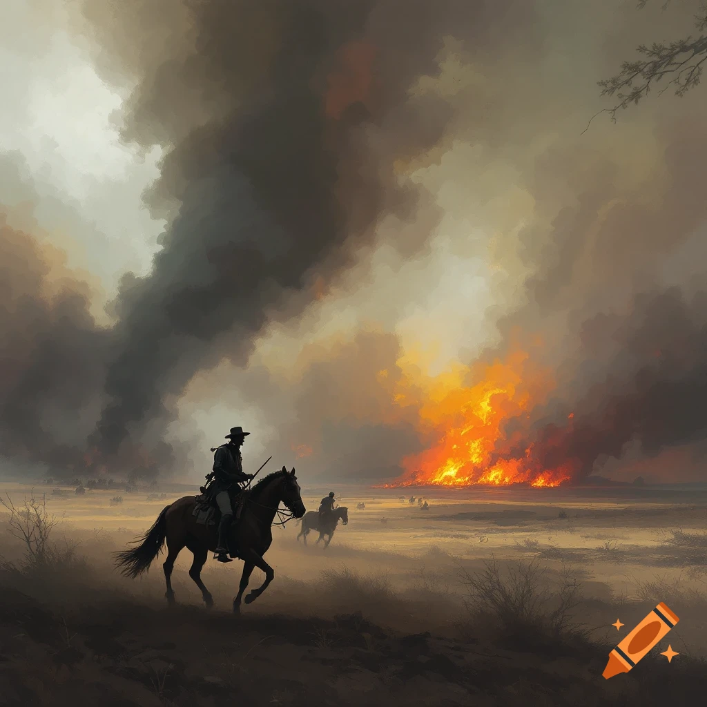 Riders on horses near a large fire and smoke in a landscape.