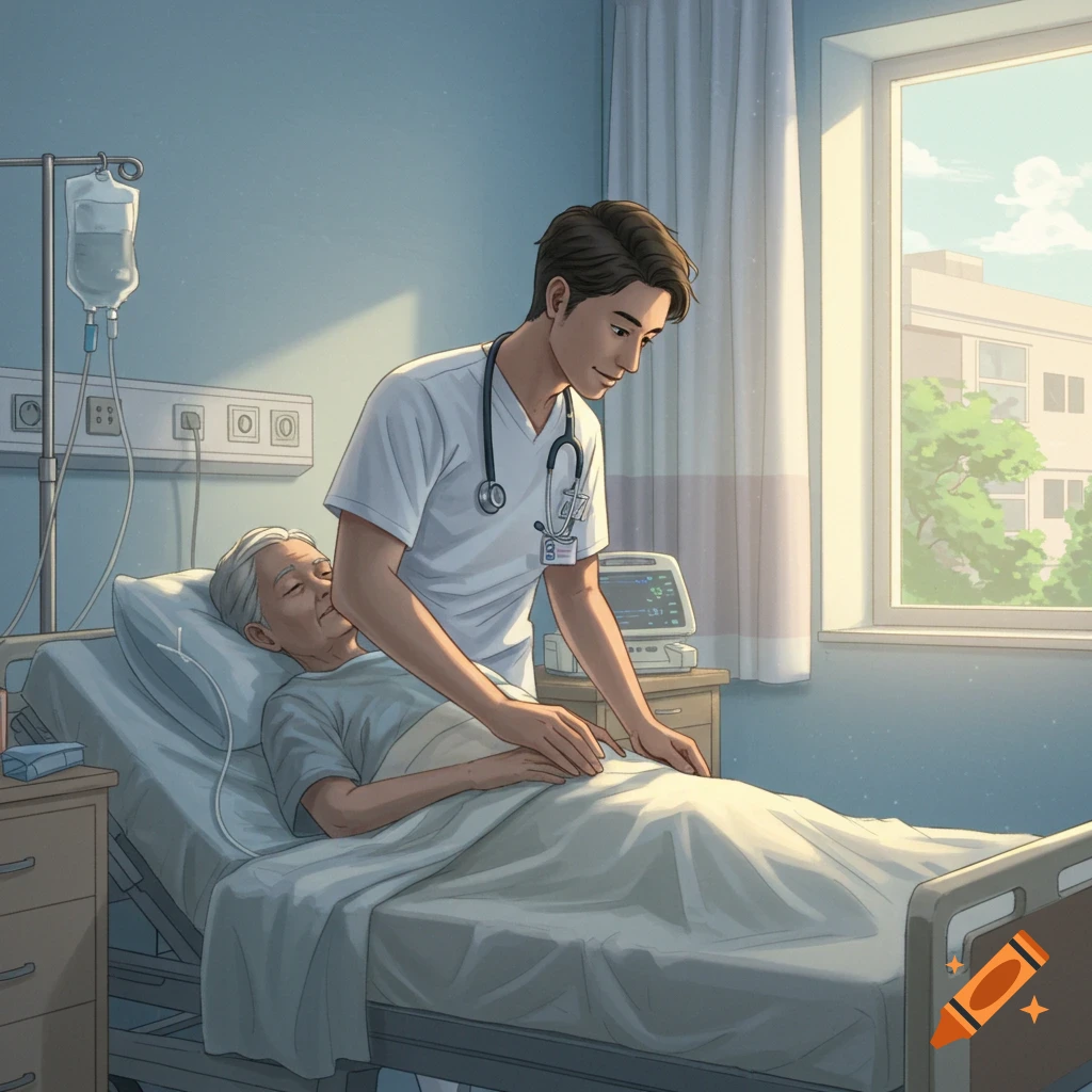 Digital art of a nurse tending to an elderly patient in a hospital room.