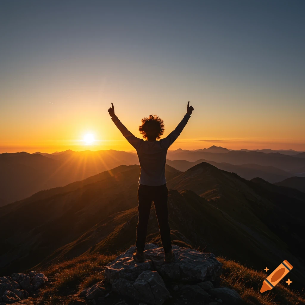 Person with arms raised stands on a mountain peak at sunrise overlooking layered mountains.