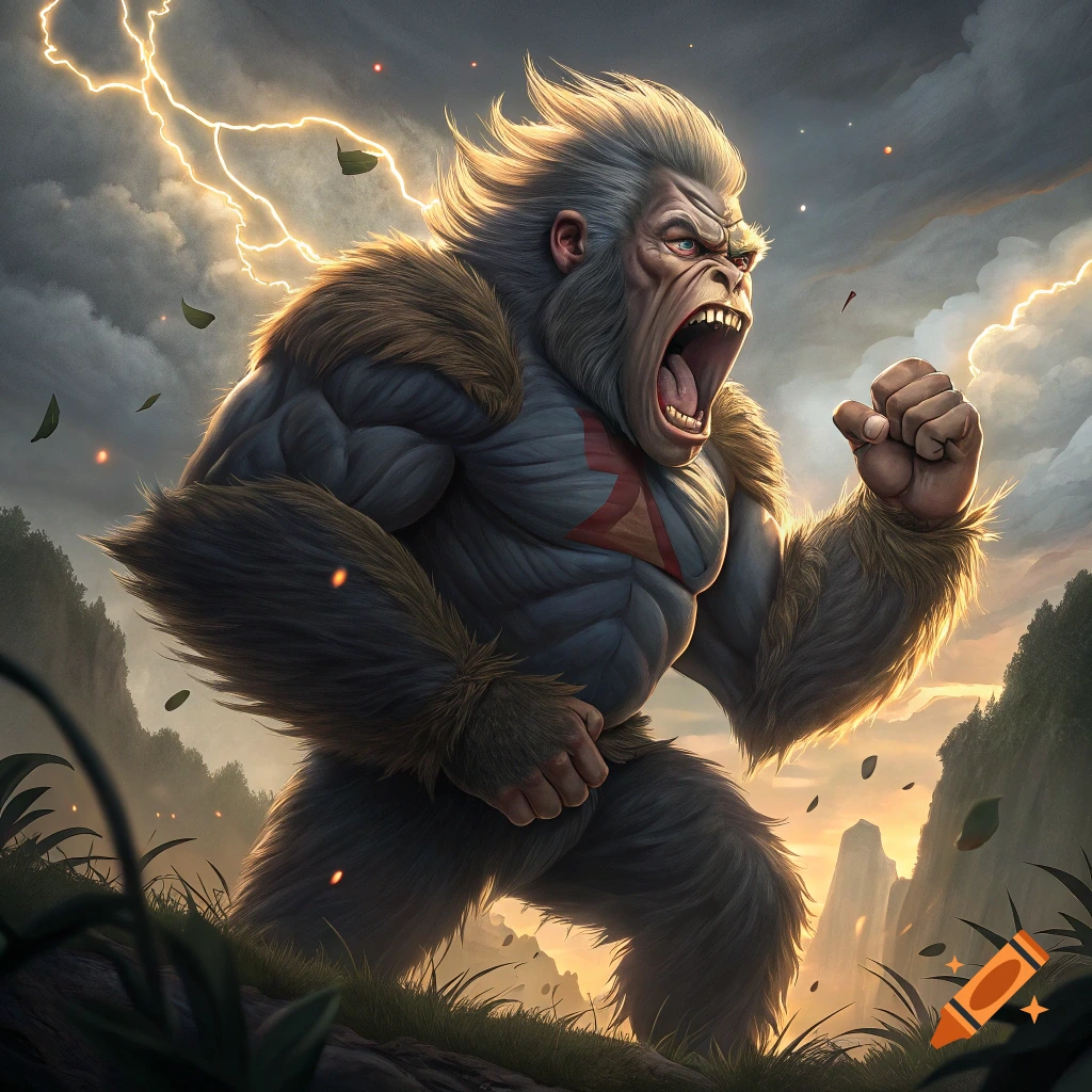 Giant grey ape monster roaring with lightning behind it.