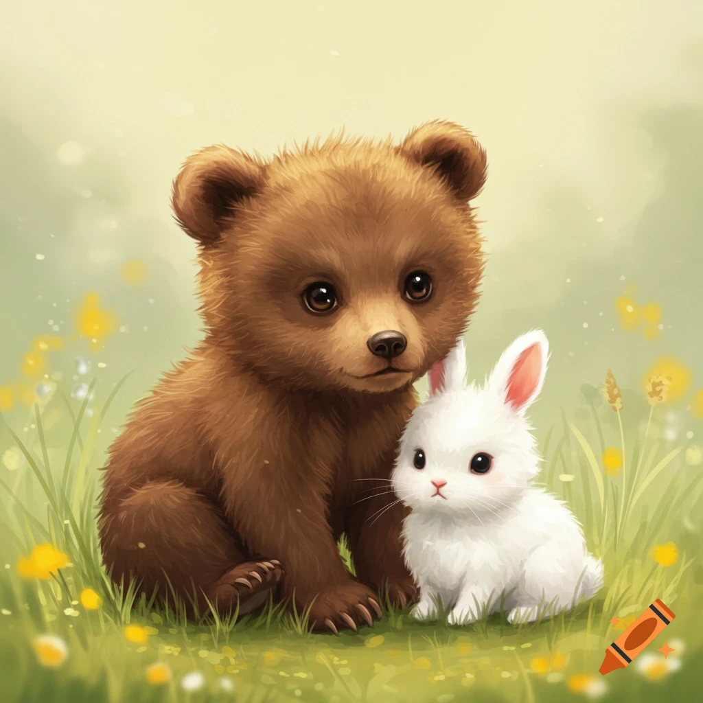 A cute baby bear and a white bunny sitting together in a grassy field.