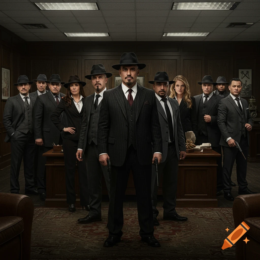 A group of people dressed as gangsters in suits and fedoras stand in an office. Some hold pistols. Photorealistic style.