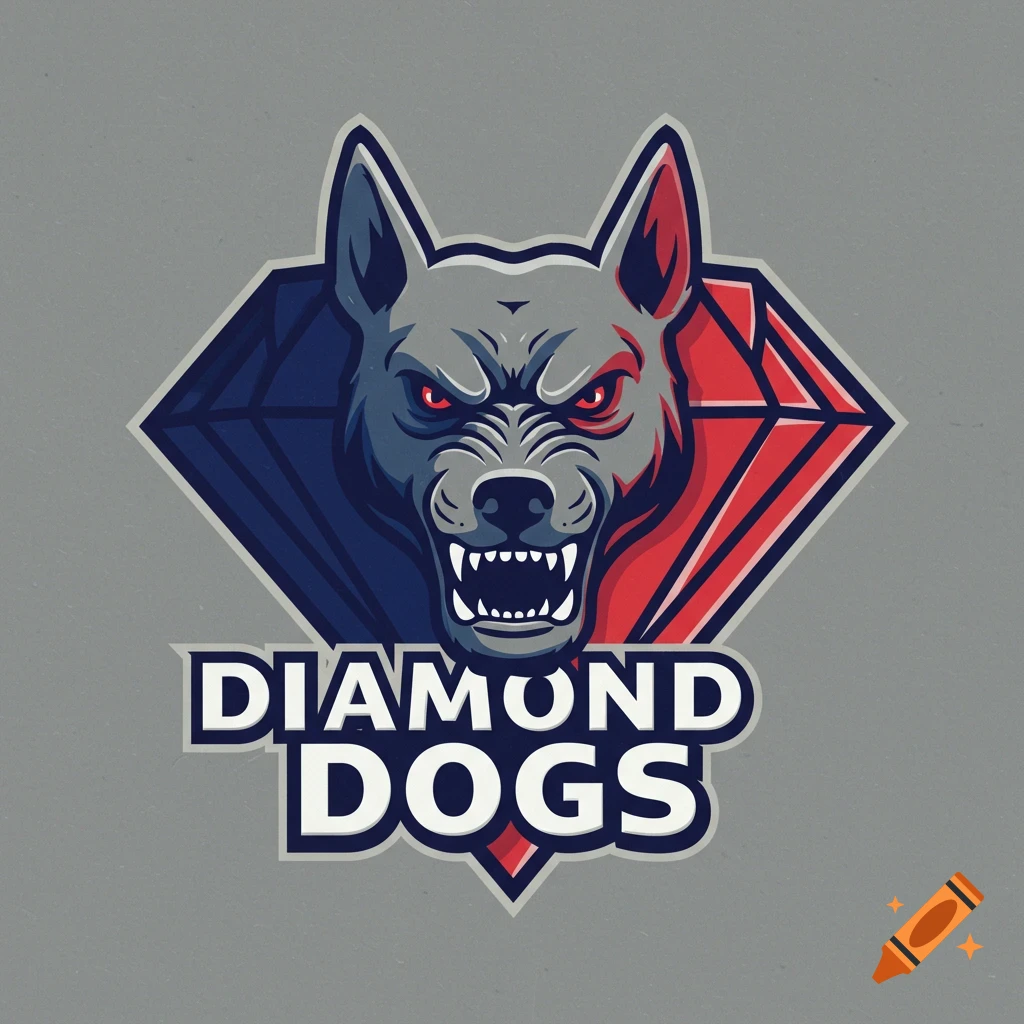 Graphic logo of a snarling grey and red wolf head over a diamond shape, with 'DIAMOND DOGS' text below. Sports logo style.
