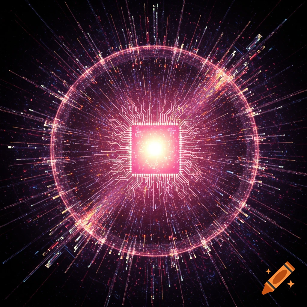 Digital art of a glowing circuit board radiating energy