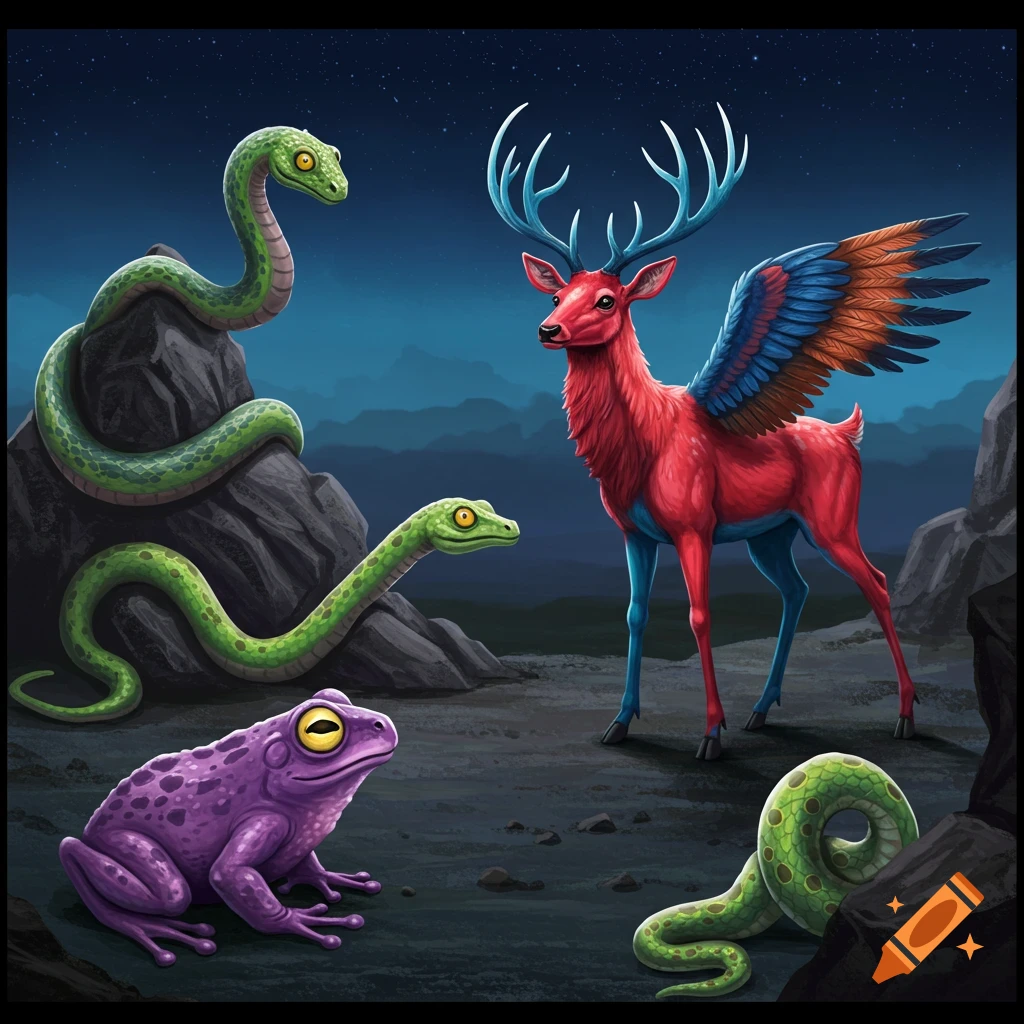Mutant animals are in a rocky landscape at night. There is a winged deer, a purple frog, and snakes.