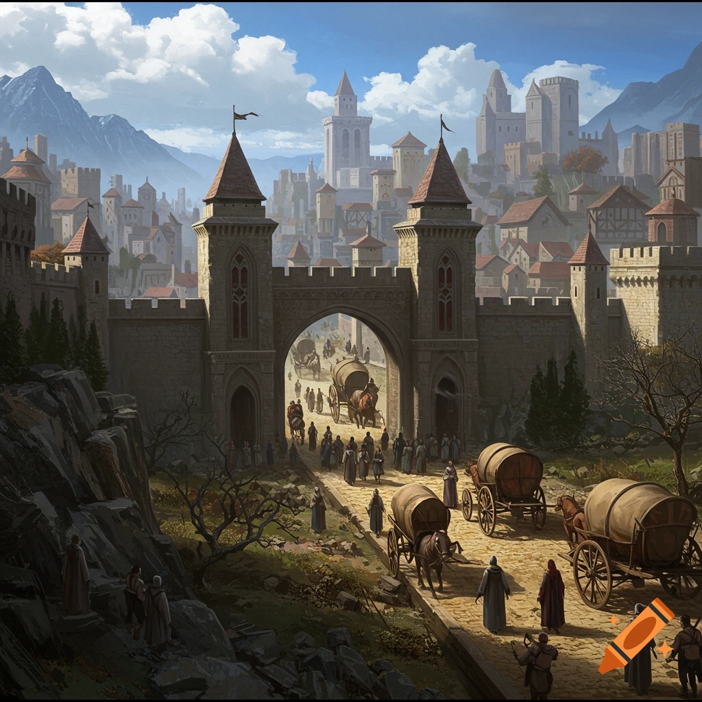 A medieval town gate with people and caravans entering and leaving, seen from a hillside with mountains in the distance.