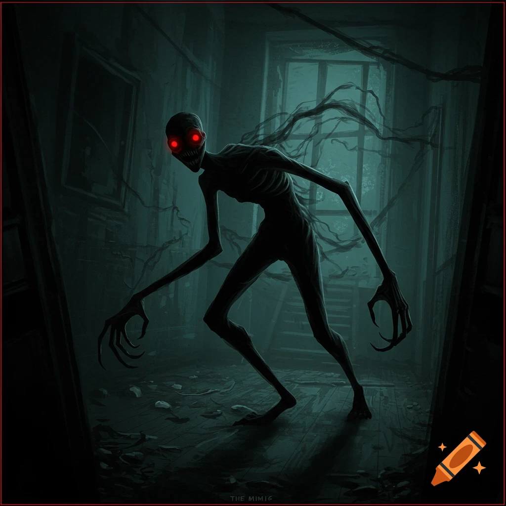 A slender, dark creature with glowing red eyes and claws stands in a dimly lit, decaying room.