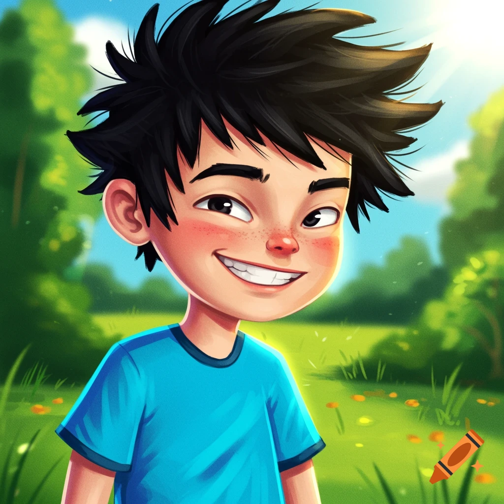 Cartoon boy smiling in a sunny park.