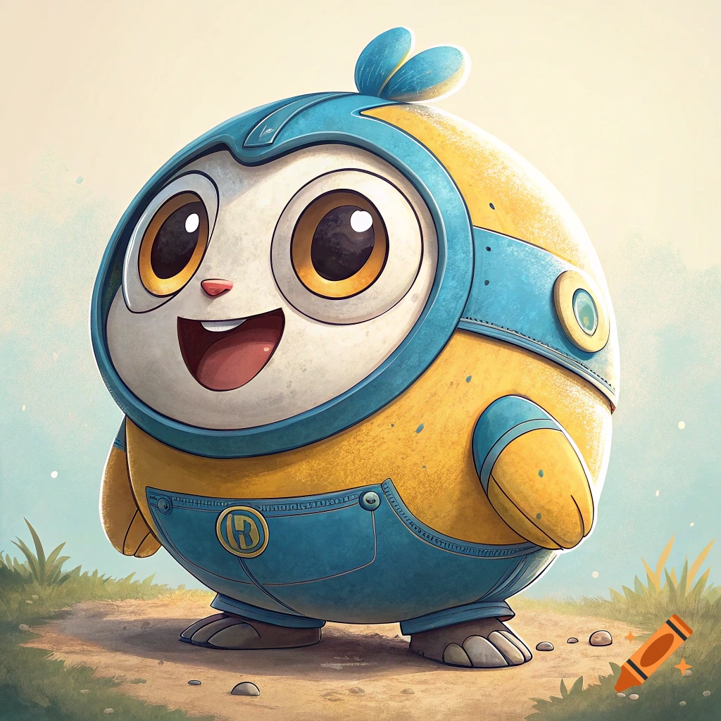 A cute, round cartoon character wearing blue overalls and a blue and yellow helmet.