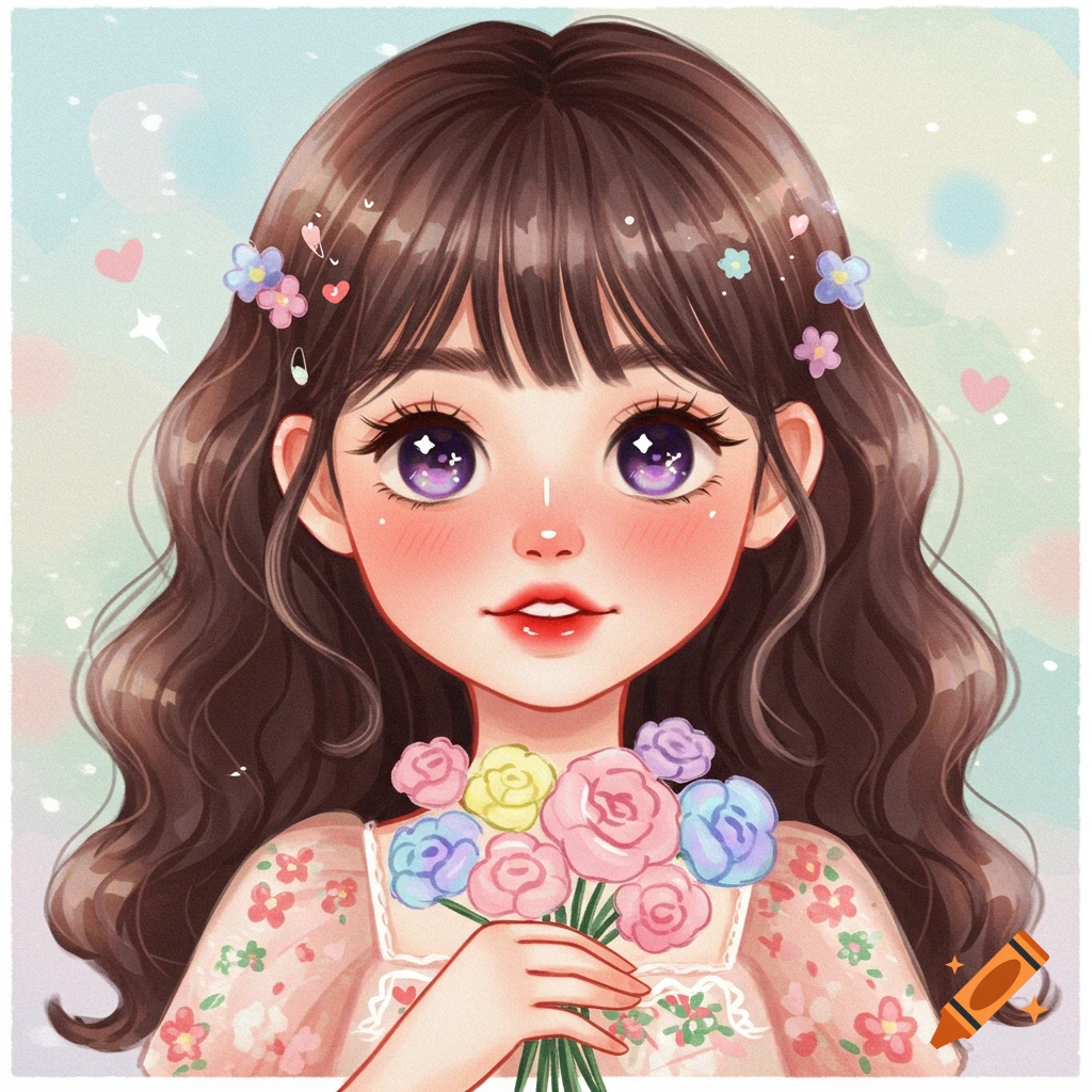 A cute young woman with large purple eyes and brown hair holding a bouquet of pastel flowers.
