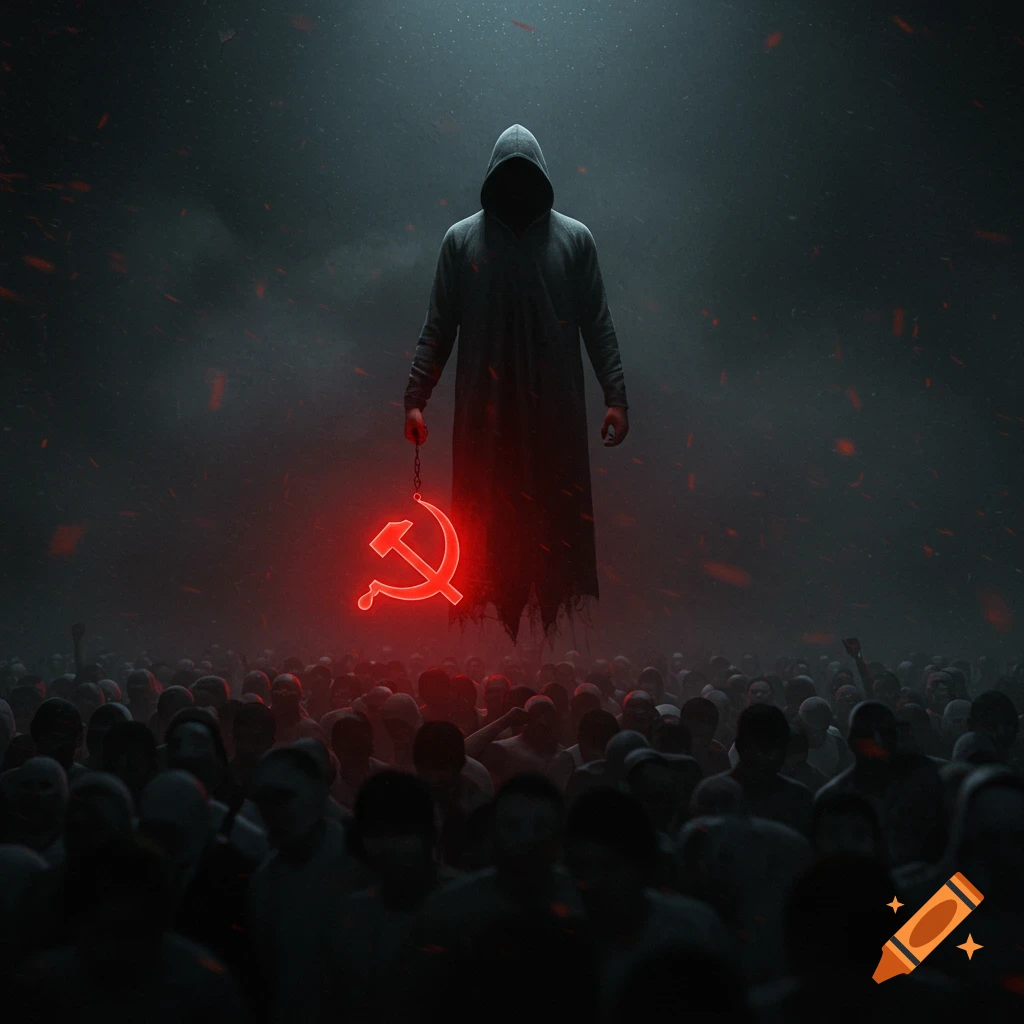 A hooded figure floats above a crowd, holding a glowing red hammer and sickle. Dark dystopian scene.