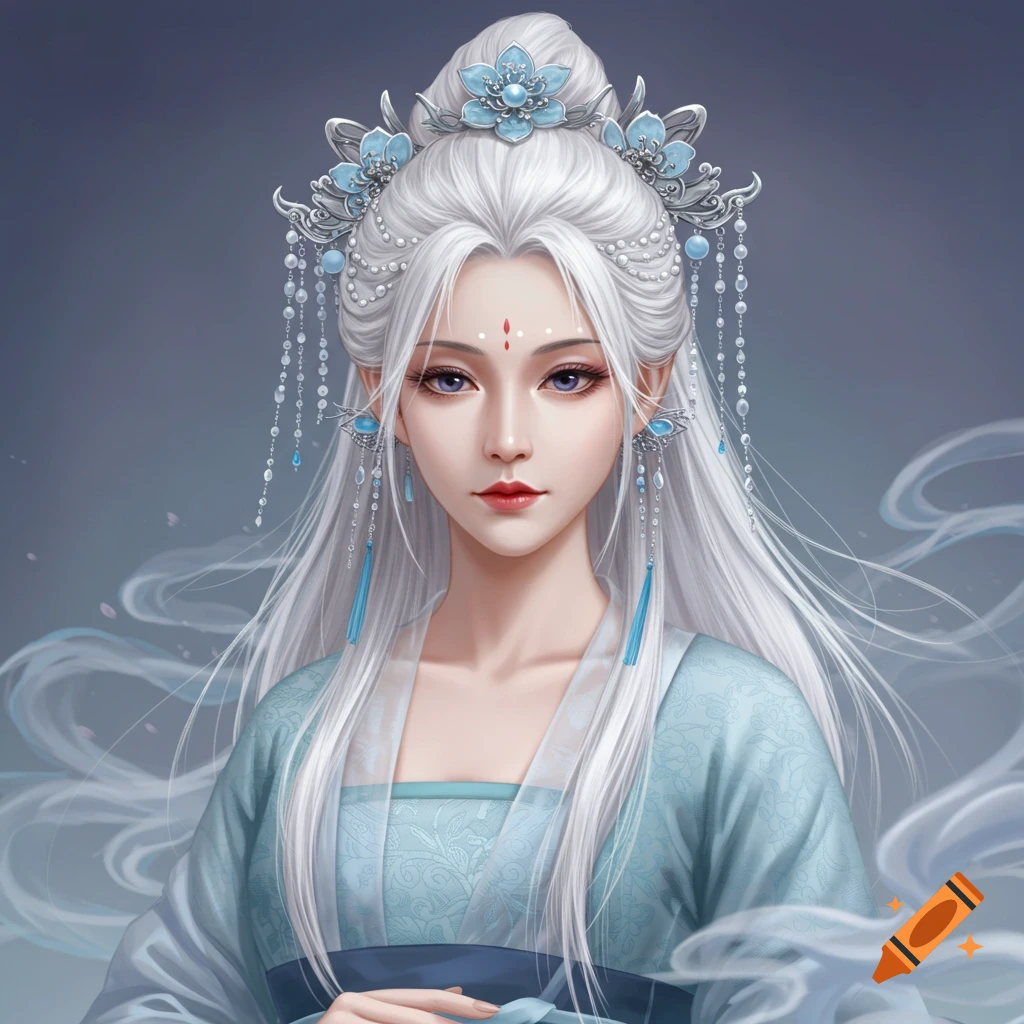 Fantasy portrait of a woman with white hair, ornate blue accessories, and flowing robes.