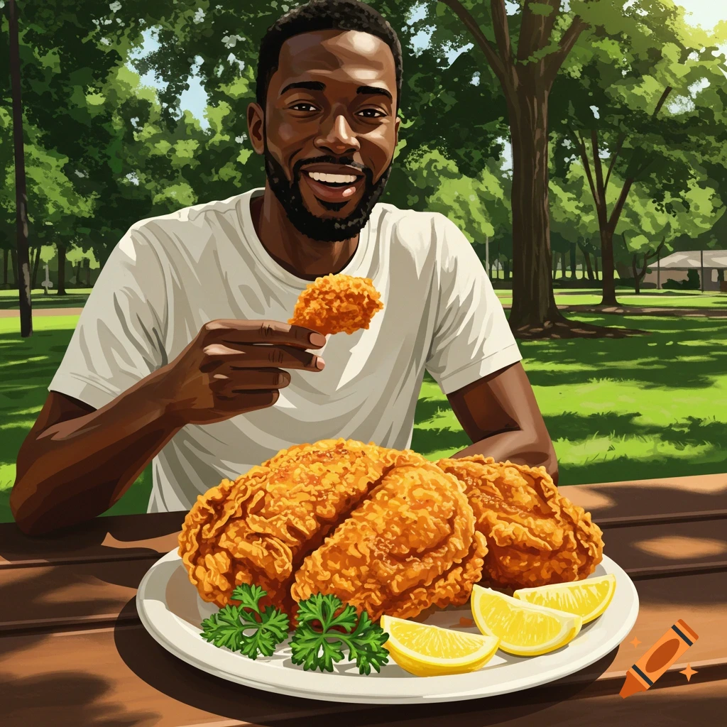 Black man eating fried chicken at a picnic table in a park.