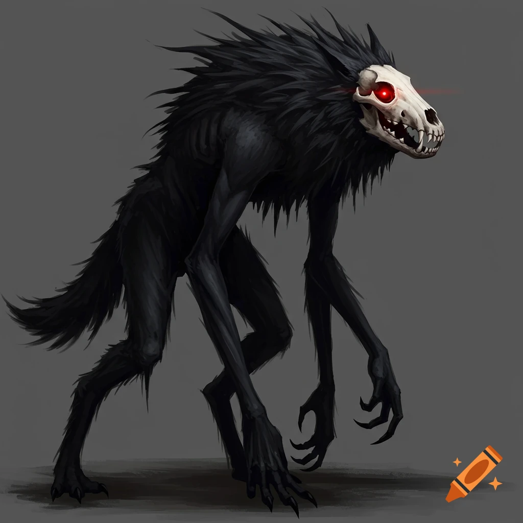 A tall black creature with a wolf skull head, red eyes, and claws.