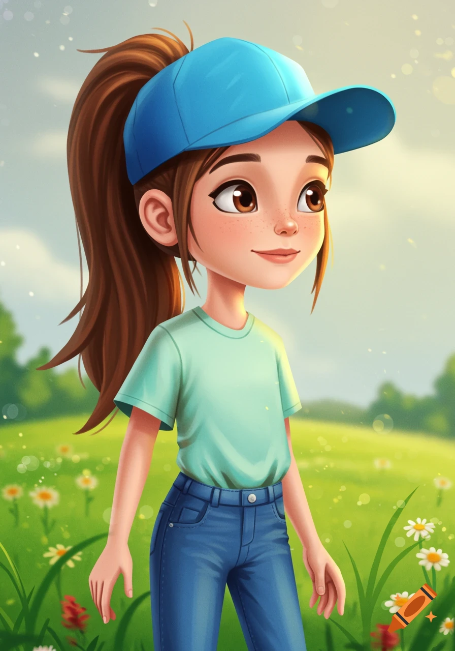 A vibrant cartoon of a young girl with a ponytail and blue hat standing in a sunny meadow.