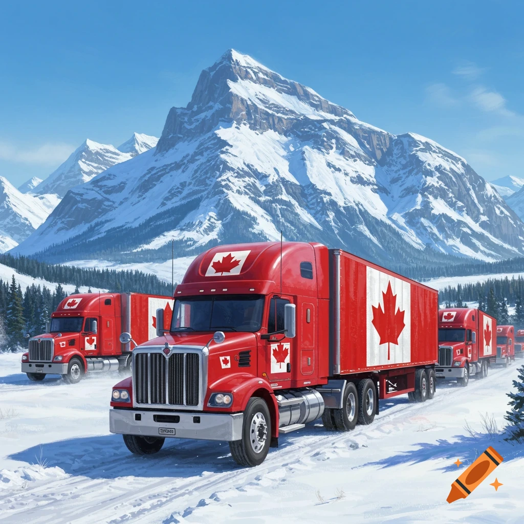 Red truck convoy with Canadian flags driving through a snowy mountain landscape.