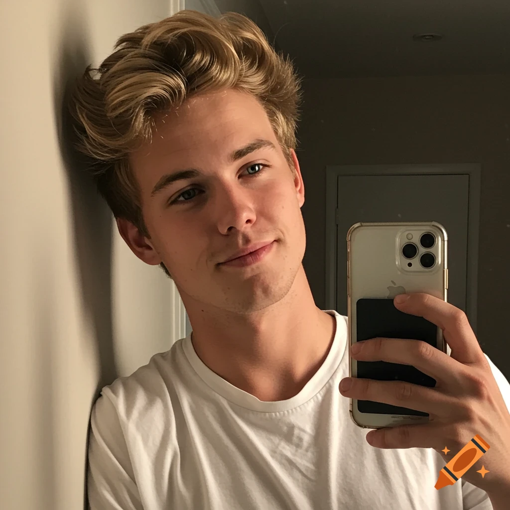 Photorealistic selfie of a young man with blonde hair and blue eyes leaning against a wall and holding a phone.