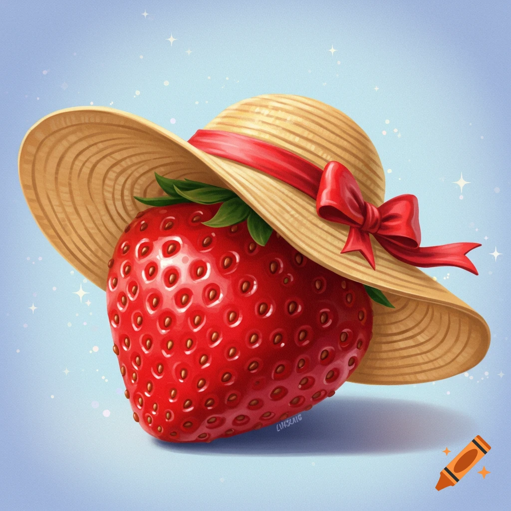 A strawberry wearing a straw hat with a red ribbon.
