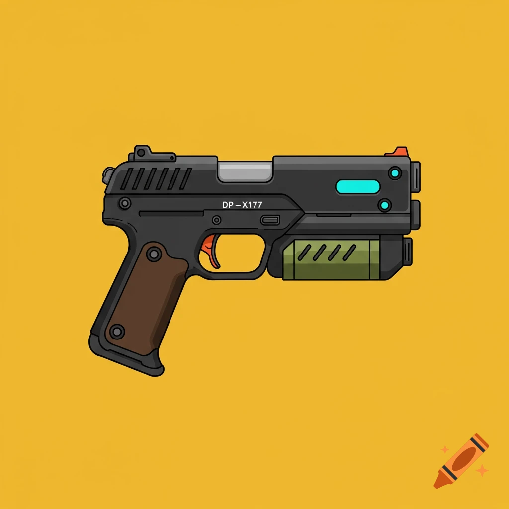 A cartoon futuristic pistol icon against a solid yellow background.