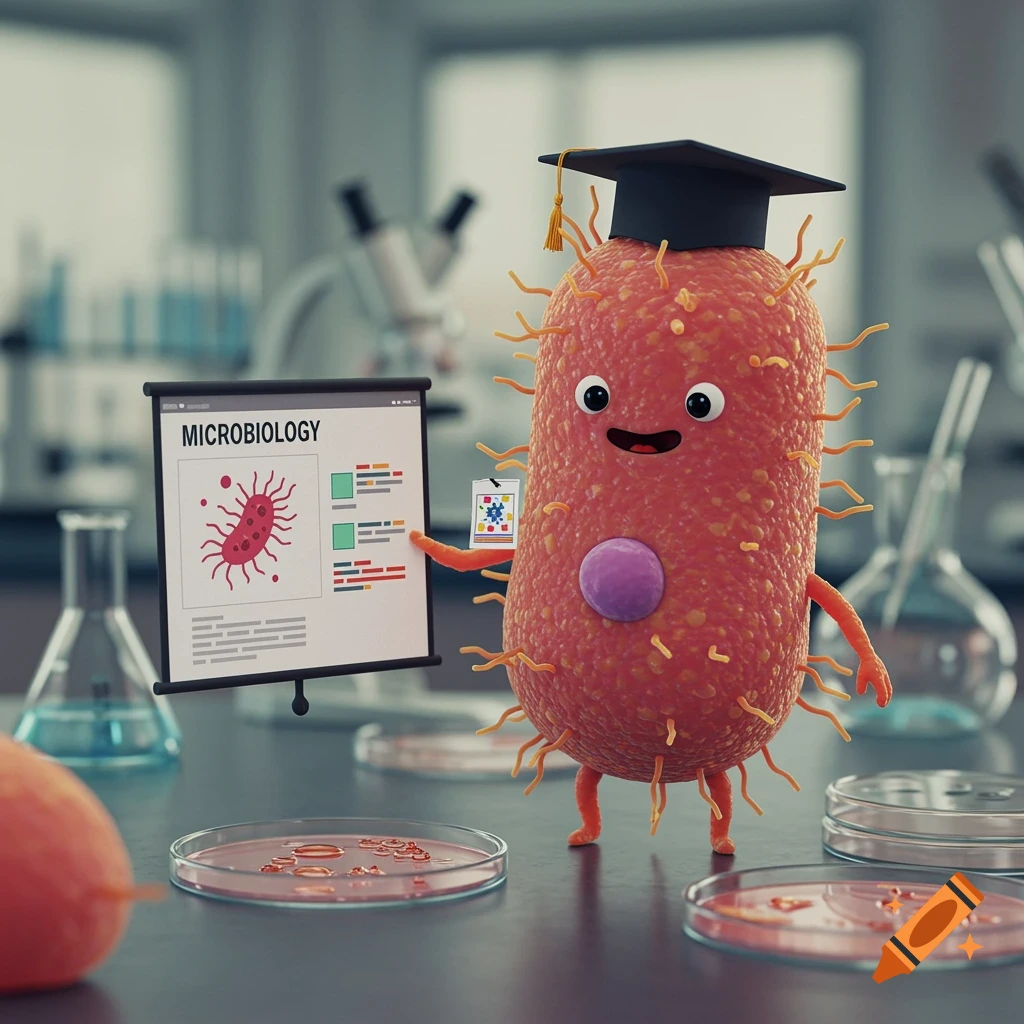 A whimsical 3D cartoon bacterium wearing a graduation cap stands in a lab and points to a screen showing the word "MICROBIOLOGY" and a microbe icon.