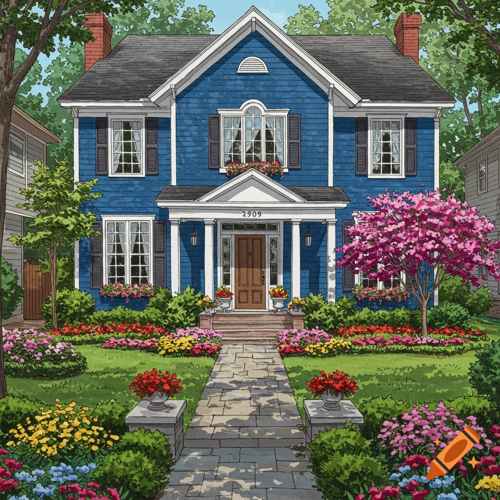 A blue house with a flower garden and blossoming tree.