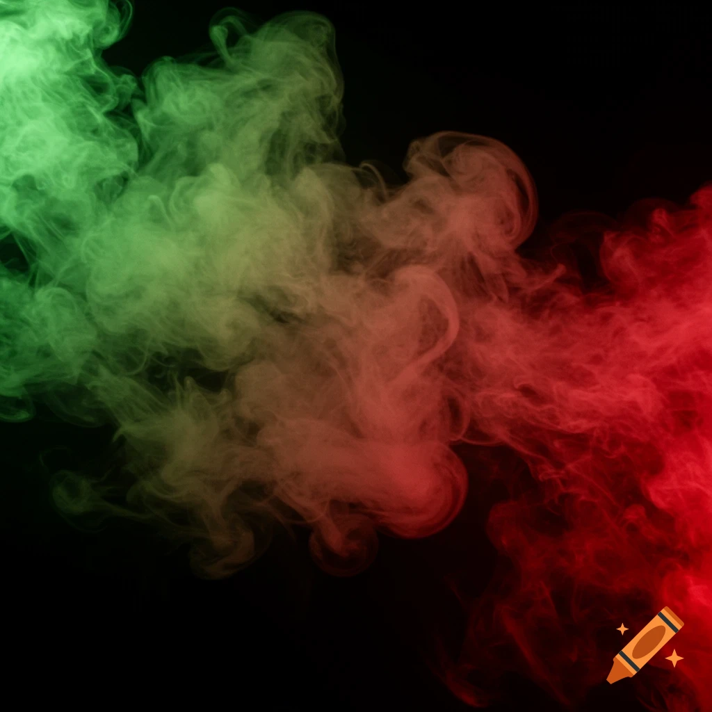 Abstract green and red smoke blends on a black background.