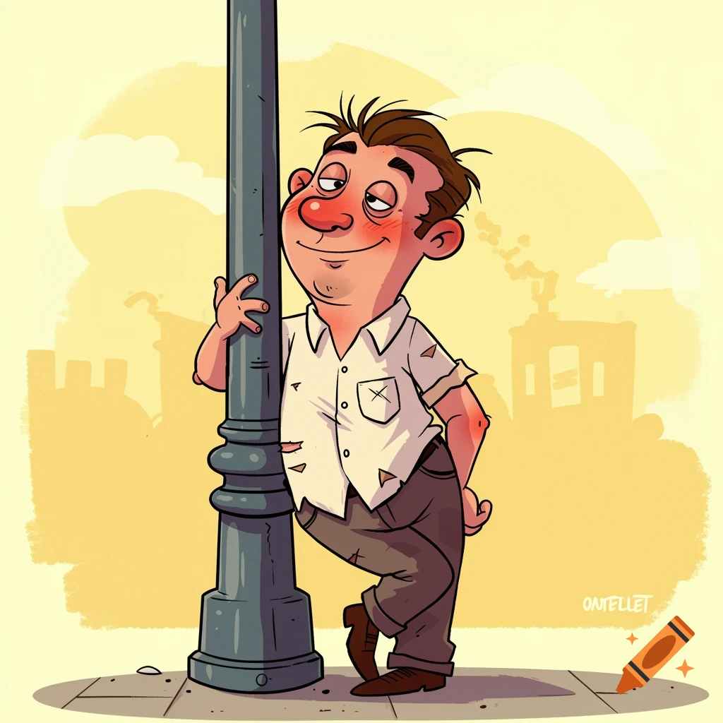 Cartoon of a grinning, flushed man leaning against a lamppost.