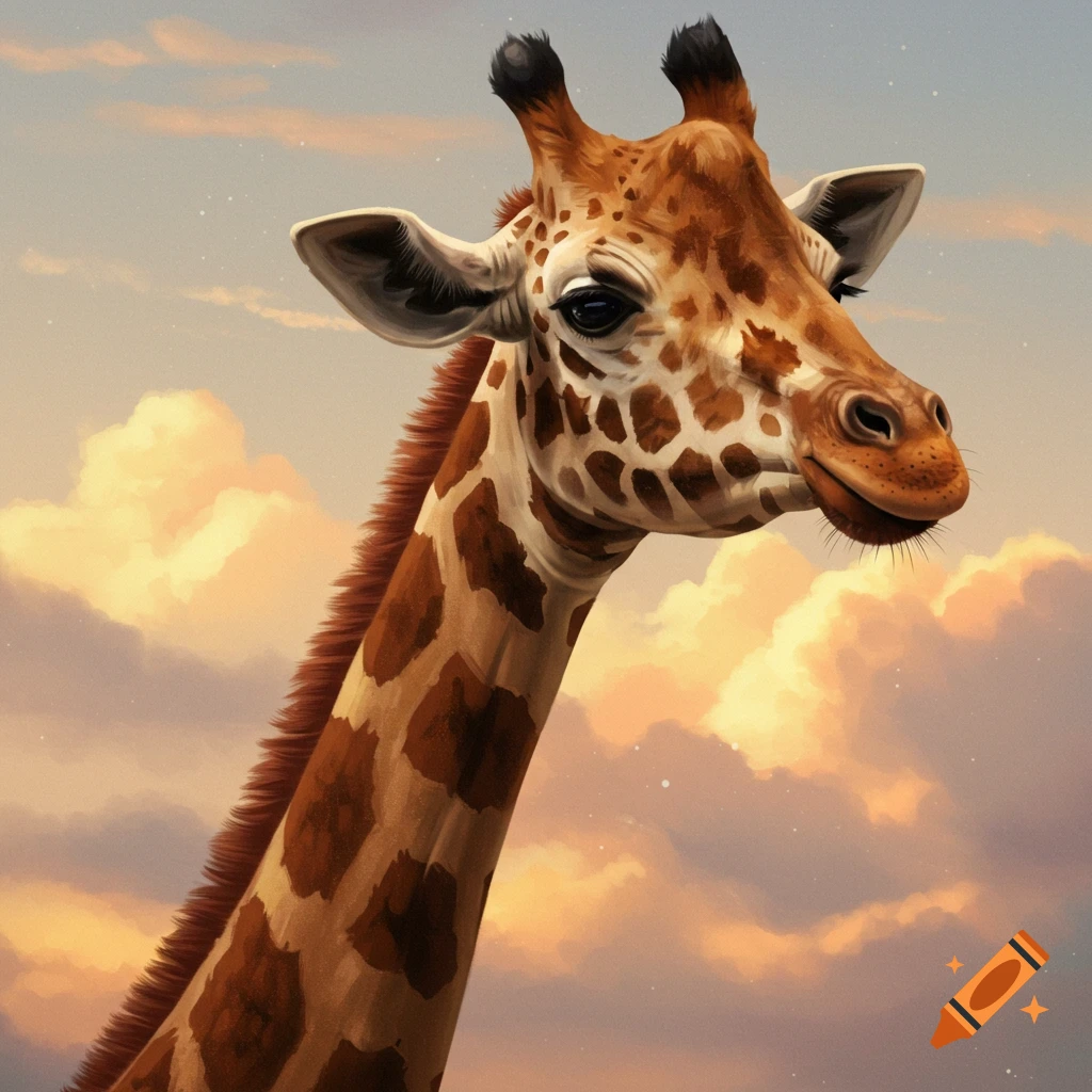 A giraffe with human features stands against a cloudy sunset sky.