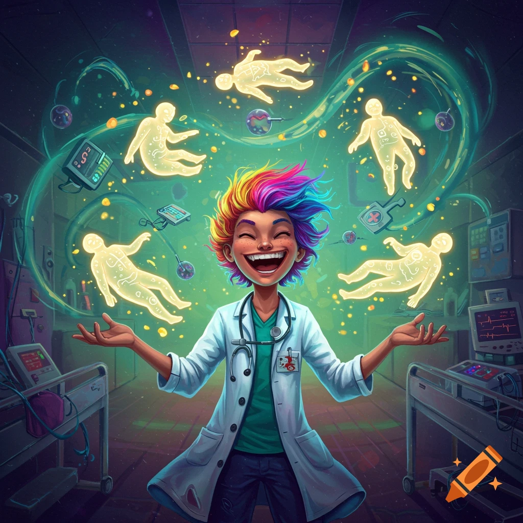 A person with rainbow hair in a lab coat juggling glowing figures in a hospital.