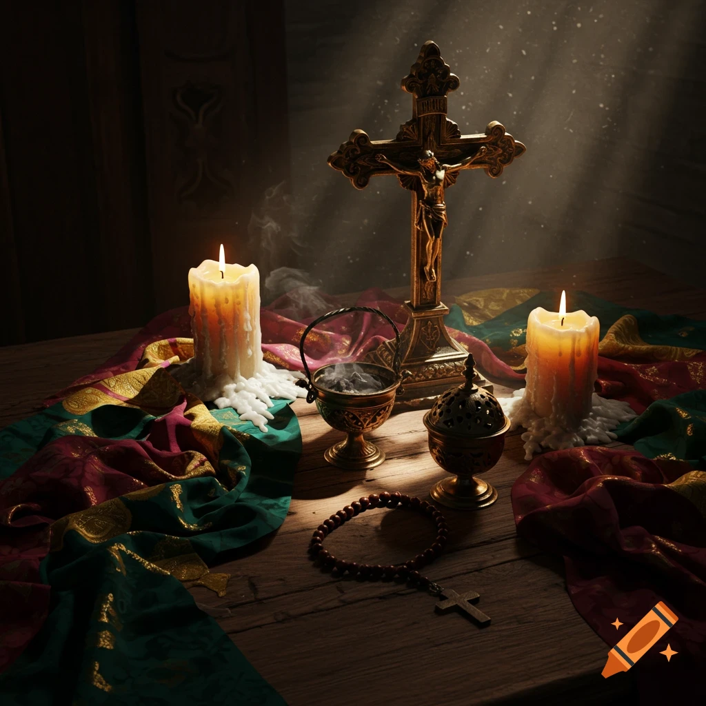 Religious items on a table: crucifix, lit candles, censer, rosary, and fabric, illuminated by sunbeams.