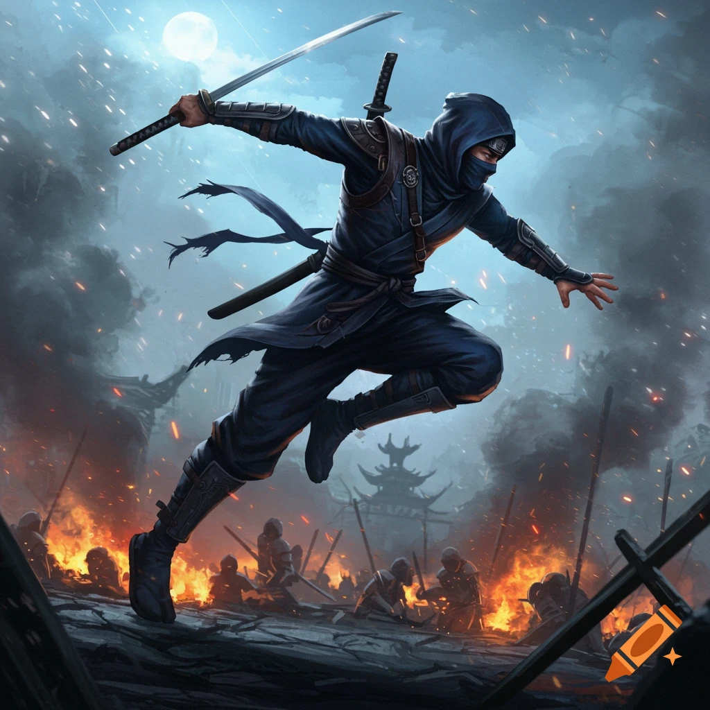 A ninja leaping with a sword in a smoky, burning battle scene under a full moon.