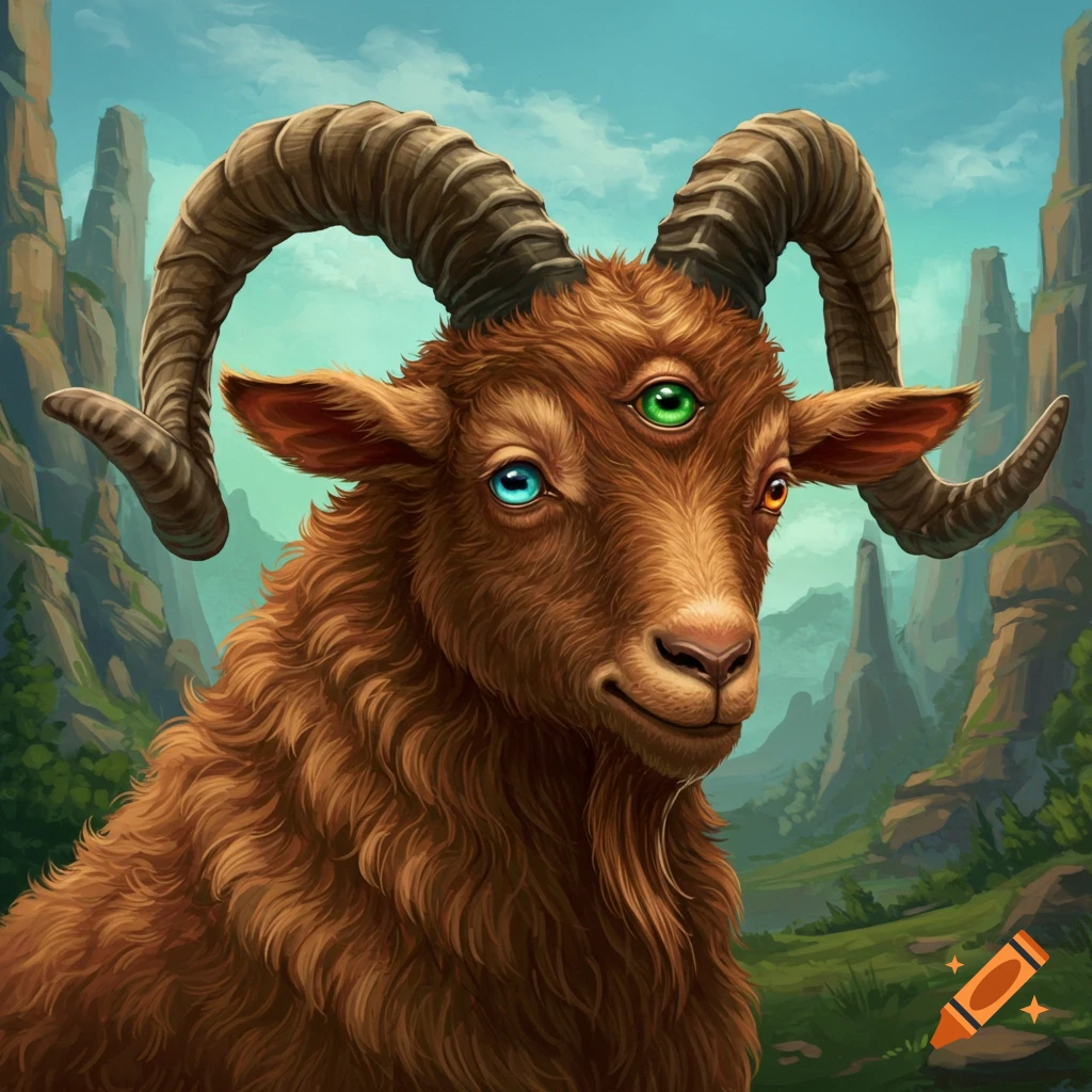 A three-eyed goat with large horns stands in a rocky landscape.