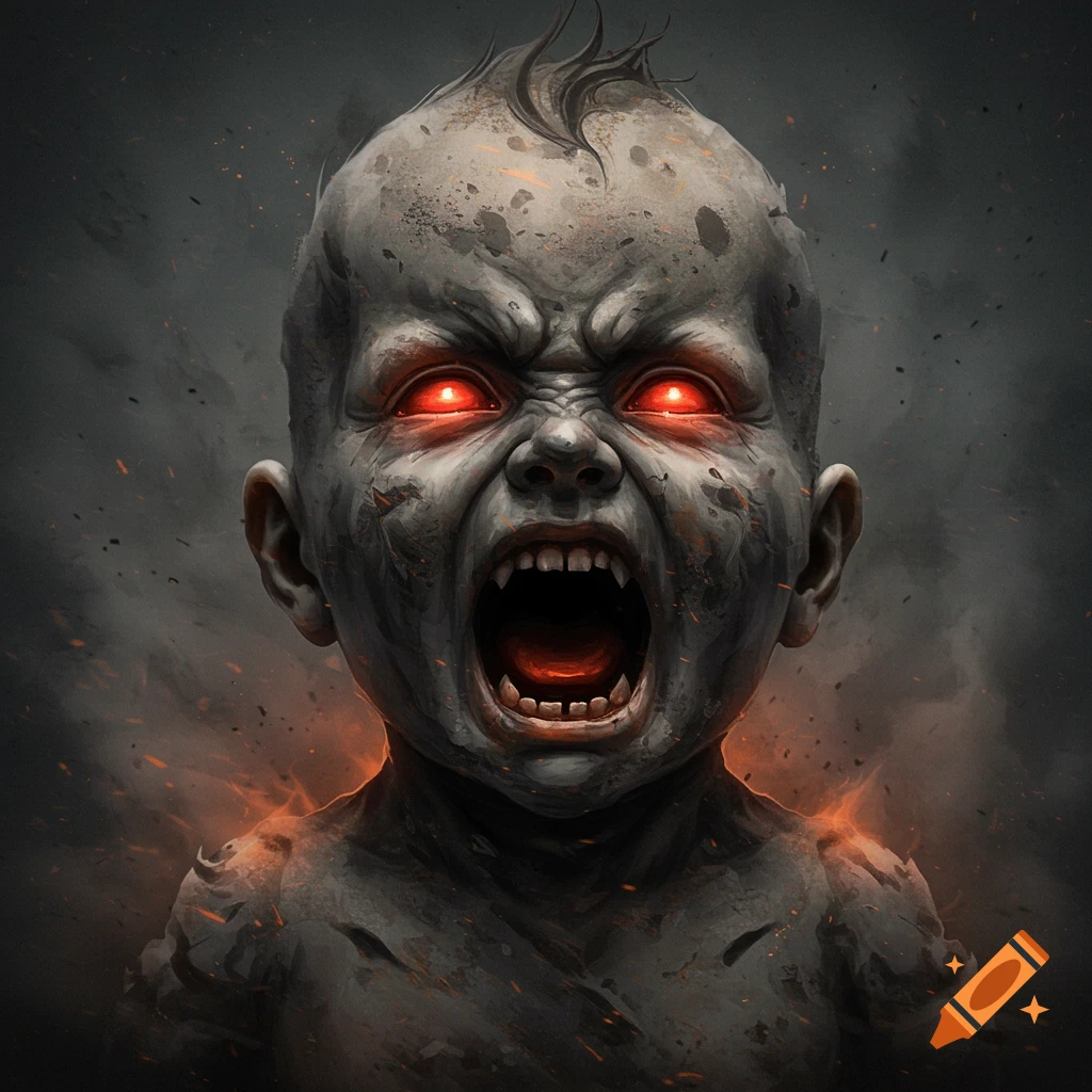 A monstrous baby made of ash with glowing red eyes, sharp teeth, and an open mouth screaming.