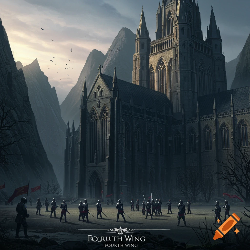 A dark gothic war college stands in a mountain valley with soldiers standing in formation.