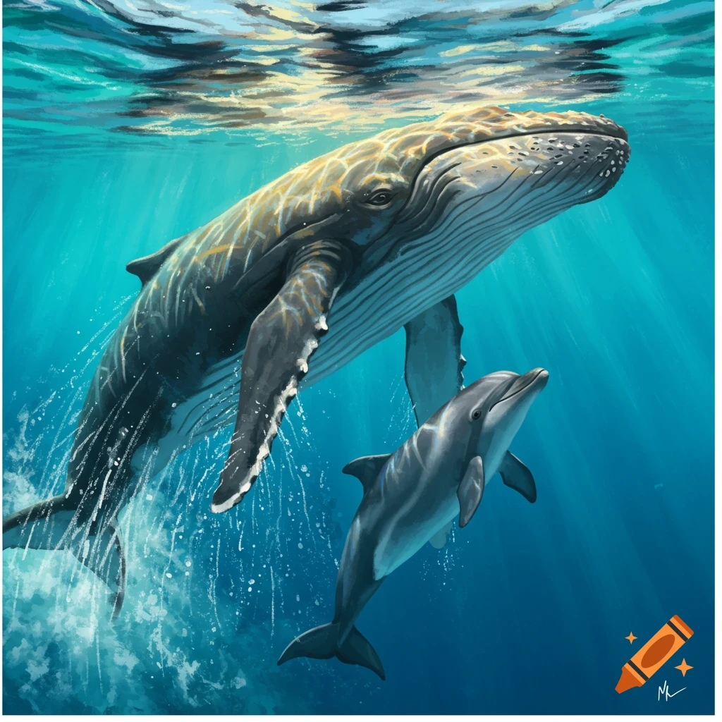 A humpback whale and dolphin swimming underwater