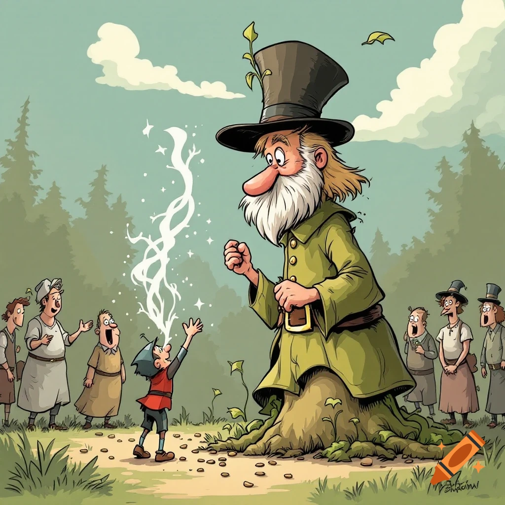 Cartoon illustration of a giant man with a tree trunk base looking at a small boy casting magic in a forest clearing, with villagers watching.