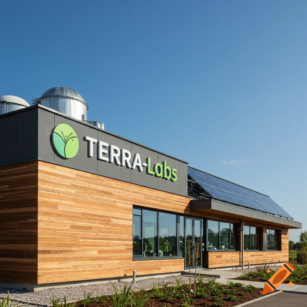 Modern building with wood siding, large windows, and solar panels on the roof. A sign reads 'TERRA-Labs'.
