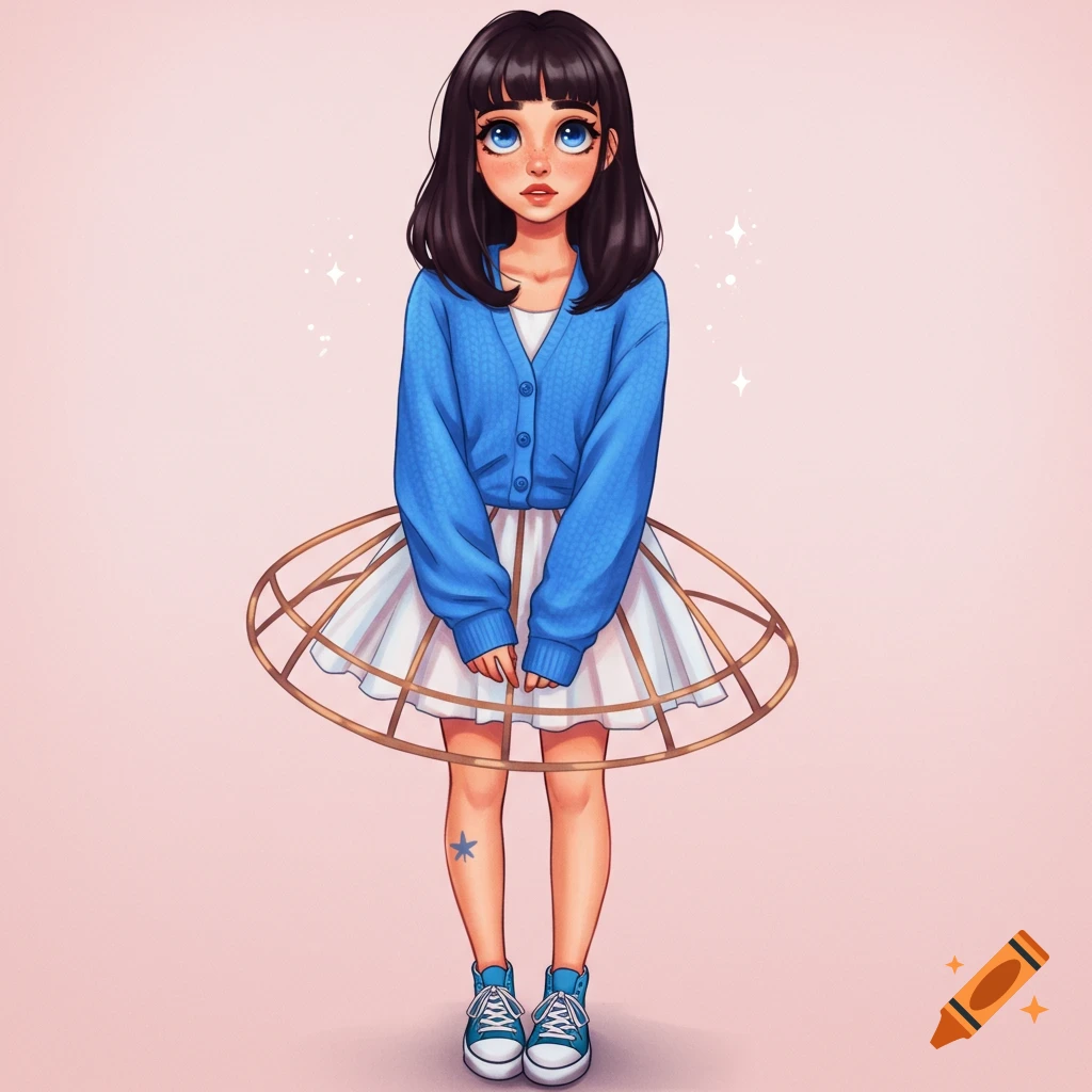 A girl in a blue cardigan, white hoop skirt, and blue converse shoes.