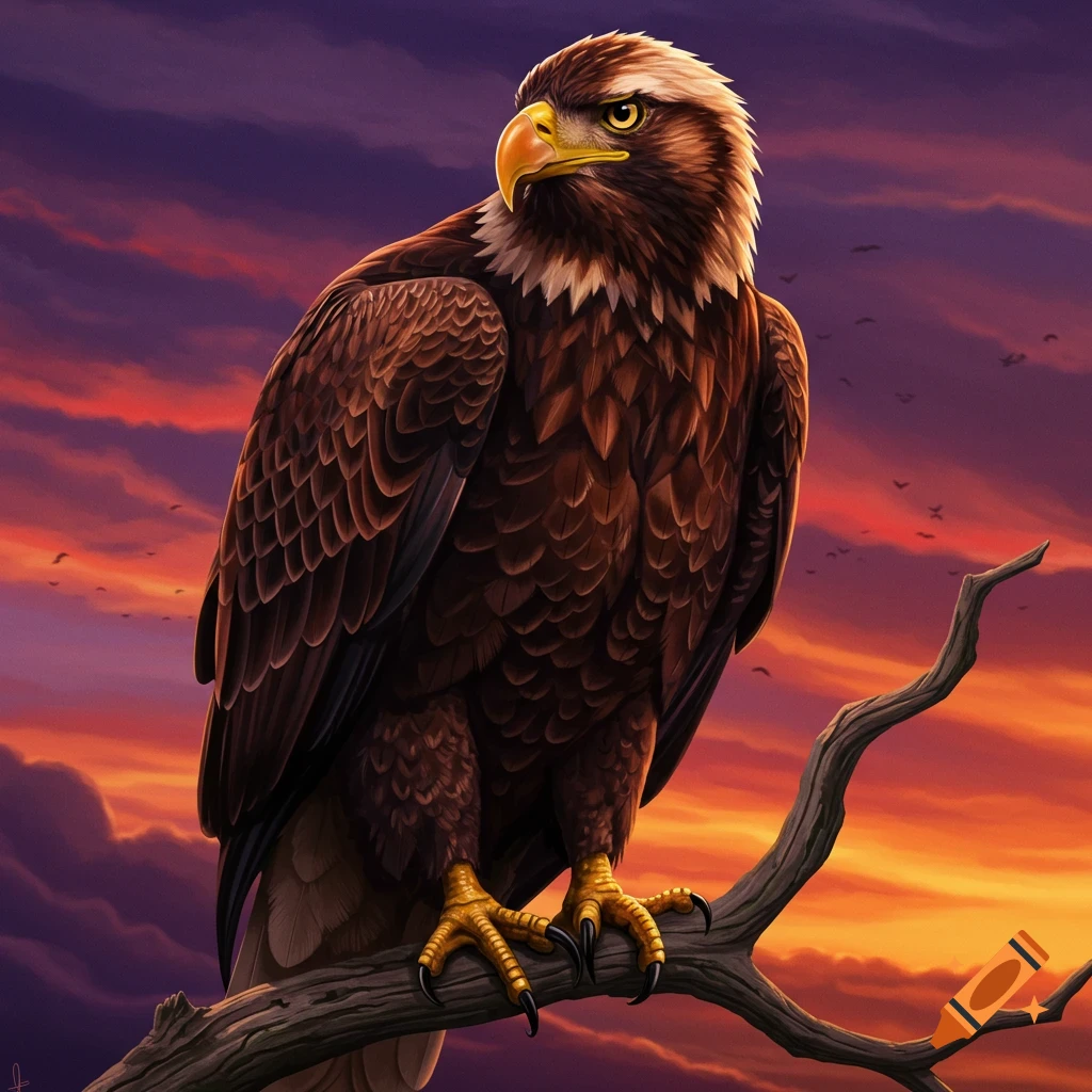 A majestic eagle perched on a branch against a vibrant orange and purple sunset sky.