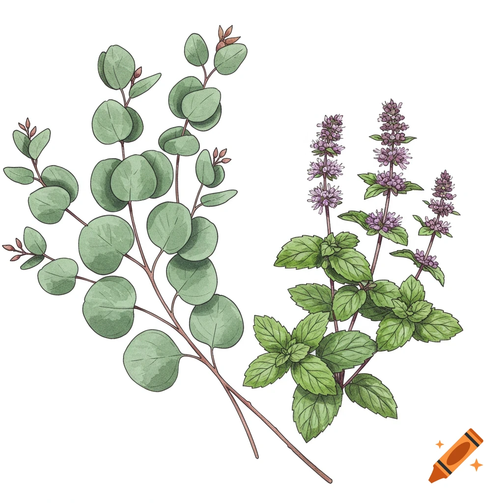 Watercolor botanical illustration of eucalyptus and mint plants on white.