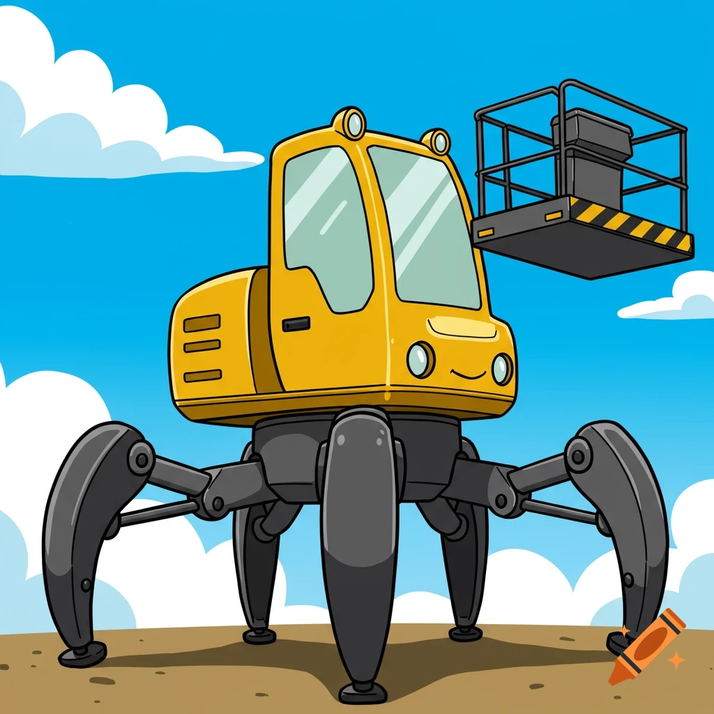 A yellow cartoon spider lift machine stands on the ground against a blue sky with clouds. A basket is attached.