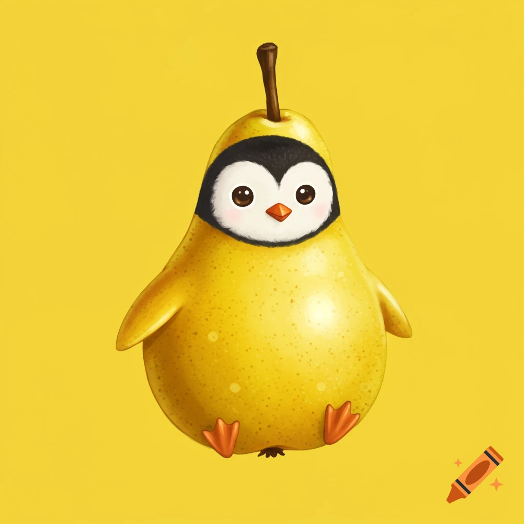 A cute penguin with a pear-shaped body stands on a yellow background.