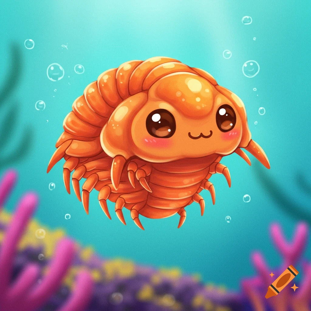 A cute orange trilobite floats underwater.