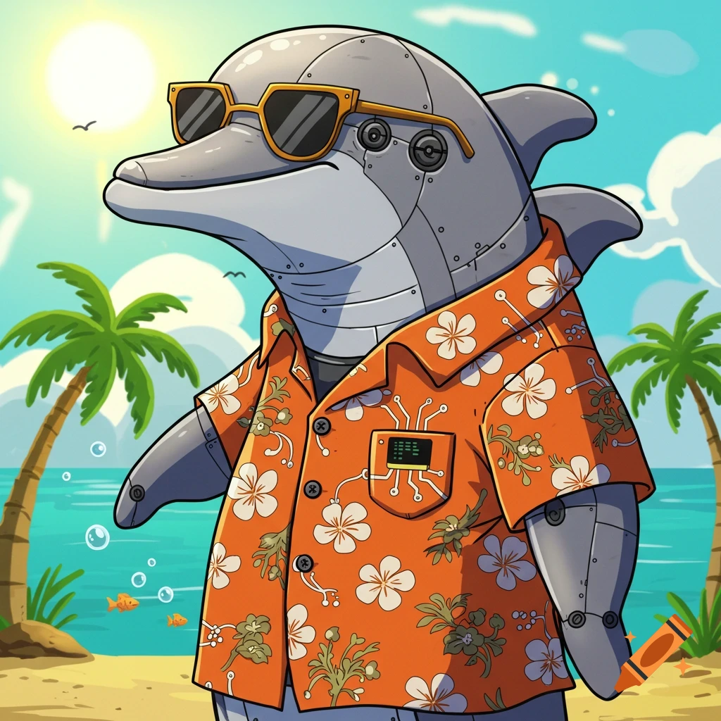 Cartoon cyborg dolphin wearing sunglasses and a Hawaiian shirt on a sunny beach.