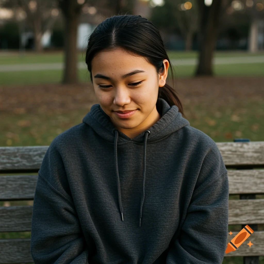 A young woman in a grey hoodie sits on a park bench, looking down thoughtfully.